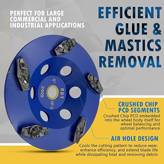 5" PCD Grinding Wheel for Epoxy, Glue, Mastic and Paint, 5 Crushed Chip PCD Segments, 7/8"-5/8" Non-Threaded Arbor