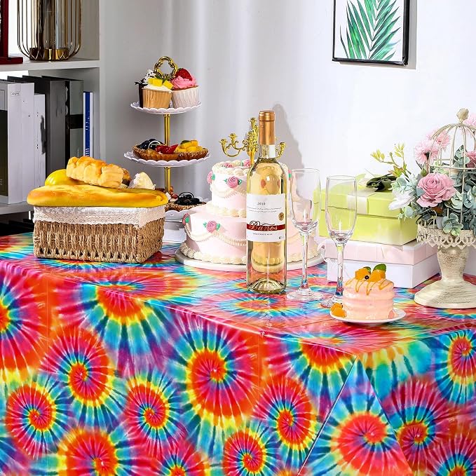 Newwiee Tie Dye Tablecloth Rainbow Table Cloth 54 x 108 Inch Plastic Rectangle - Image 6