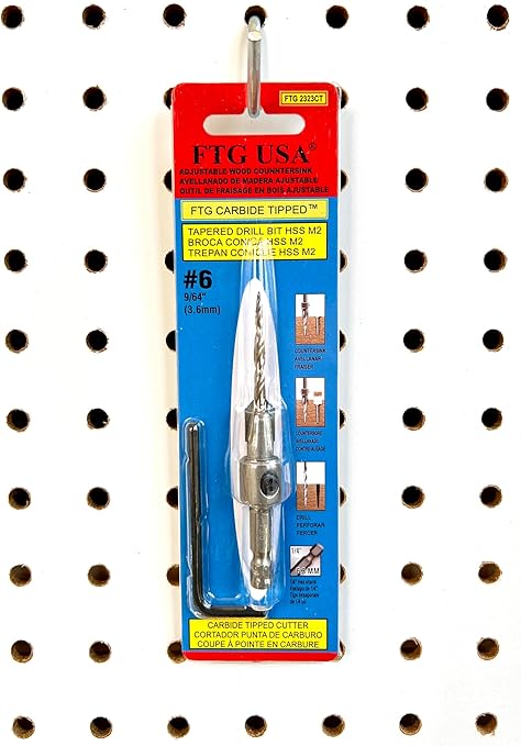 FTG USA #6 (9/64") Tungsten Carbide Tipped Countersink Drill Bit with Tapered Drill Bit, 1/4 Inch Quick Change Hex Shank and Allen Wrench