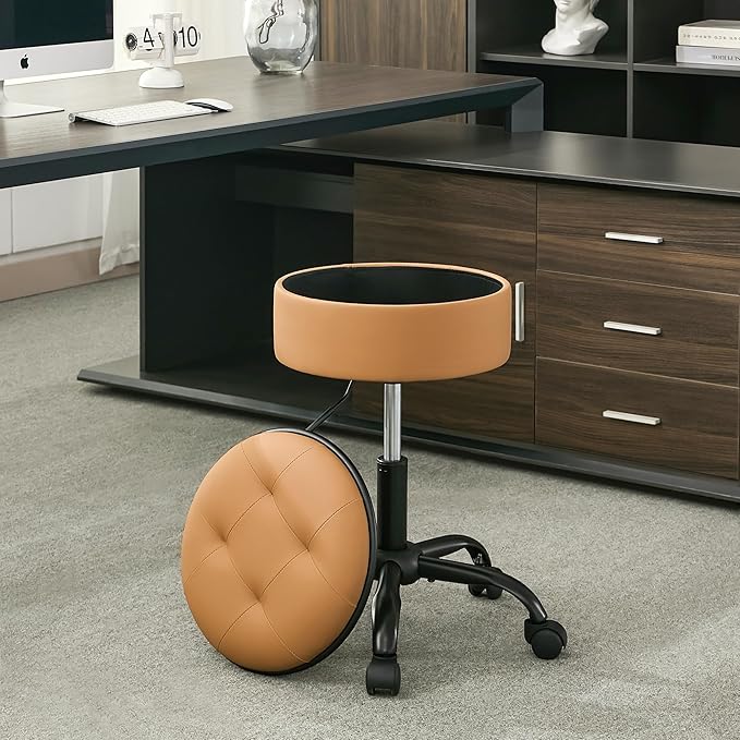 Drafting Chair with Wheels (Stool & Small Table in One) (Adjustable Office Chair 20.67"-24.61"), Caramel Brown Rolling Stool with Storage