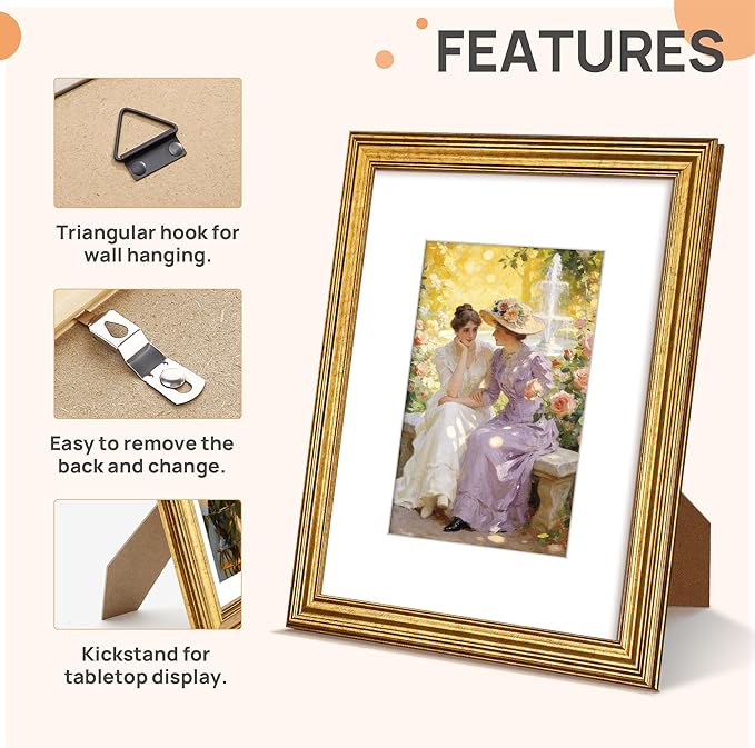 upsimples Vintage 8x10 Picture Frame, Antique Gold Frames Display 5x7 - Image 5