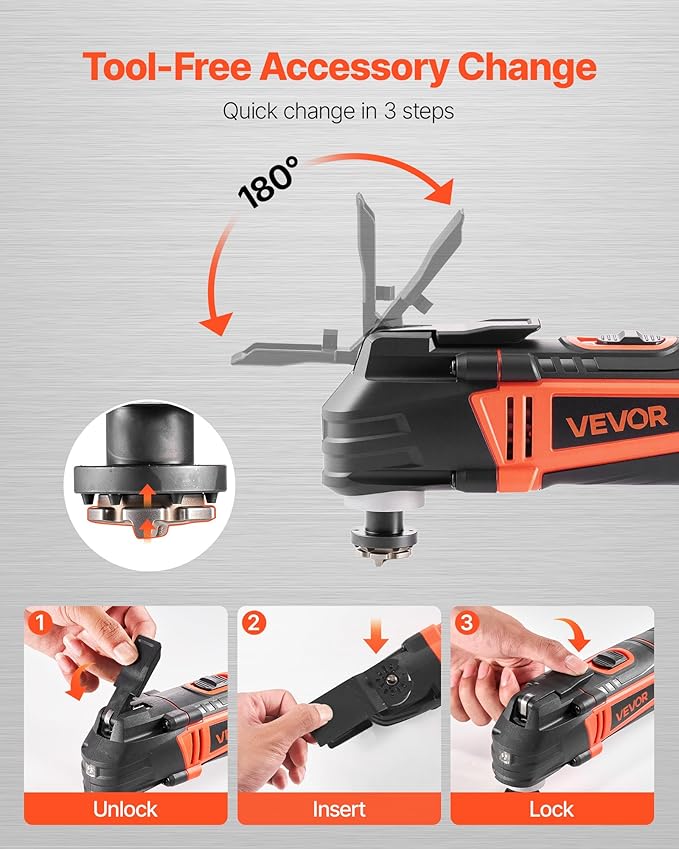 VEVOR Multitool Oscillating Tool, 3Amps Corded Oscillating Multi Tool with 6 Variable Speeds 15000-22000 OPM, 3.2° Oscillating Angle, 13PCS Saw Accessories, LED Work Light & Tool Bag