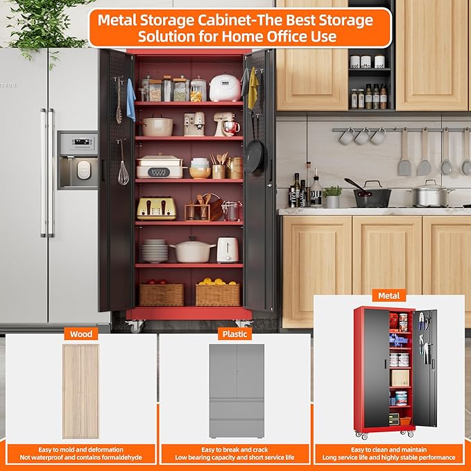 Metal Garage Storage Cabinet with Pegboard, 71''H*32" W*16" D Rolling Tool Cabinets on Wheels with 5 Adjustable Shelves for Garage Home Warehouse Utility Room, Assembly Required,Red and Black