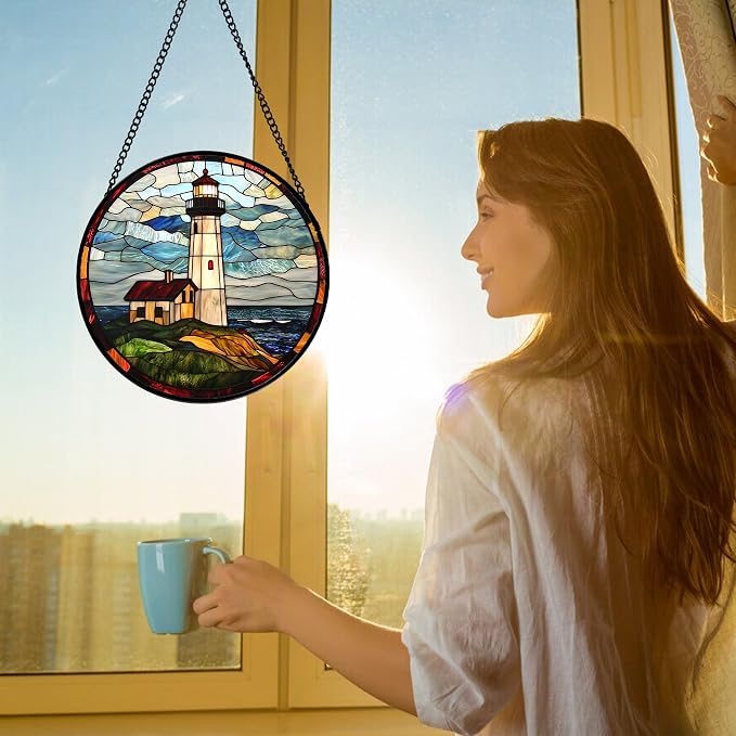 DASTOLL Stained Glass Window Hanging, Ocean Lighthouse Sun Catchers Glass Panel - Image 2