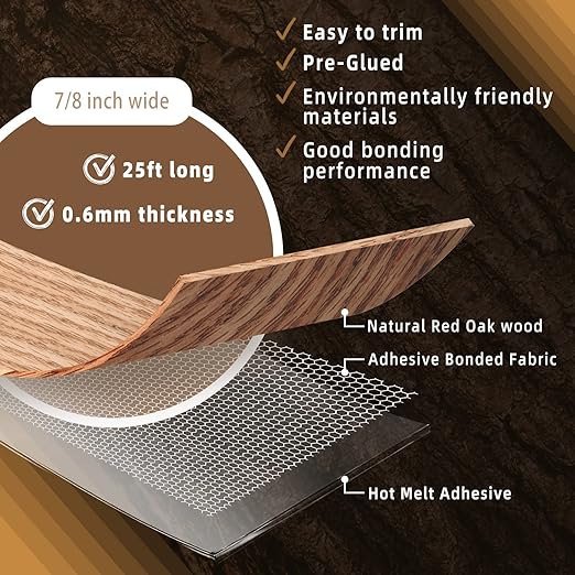 GSCIT Club Red Oak Edge Banding, 7/8 inch x 25ft roll of Veneer Edge Banding - Pre-glued Flexible, Real Wood Tape for Cabinet Repair & Furniture Restoration