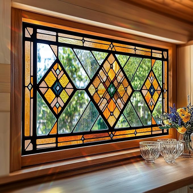 Geometric Stained Glass Window Film 17.7 x 39.3 Inch No Glue Static Cling by Unknown