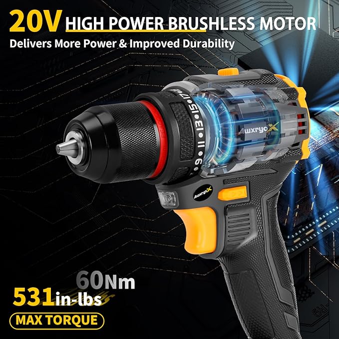 Brushless Compact Drill Tool Set, 60N.m 20V Cordless Drill Tool Box with 2 Battery, 135Pcs Man Household Combo Set with DIY Hand Taladros Kits, 531 In-lb Kit with Drill for Daily Home Repair