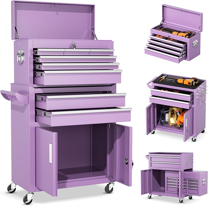 INTERGREAT Tool Chest, Assembled 8-Drawers Rolling Tool Chest with Wheels, Detachable Top Tool Box, Tool Cabinet for Repair Room,Warehouse, Rolling Tool Box with Hooks,Tray Divider,Liners(Purple)
