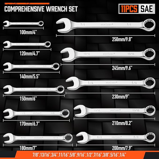 HORUSDY 22-Piece Wrench Set | Metric & SAE Combination Wrench Set with Organizer | 12 Point | Chrome Vanadium Steel