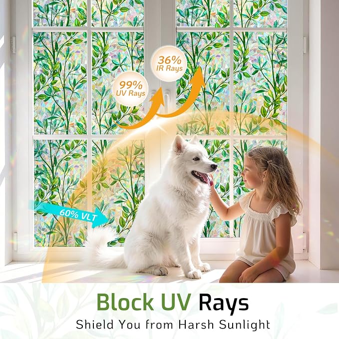 LUTE Stained Glass Window Privacy Film, Leaf Rainbow, 17.5" X 78.7" | No Glue - Image 5