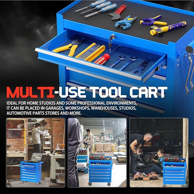 7-Drawer Rolling Tool Chest,Metal Rolling Tool Chest with Wheels and Locking Tool Box,Portable Metal Tool Box for Warehouse,Garage, Repair Shop, Workshop (Blue, 7-Drawer)