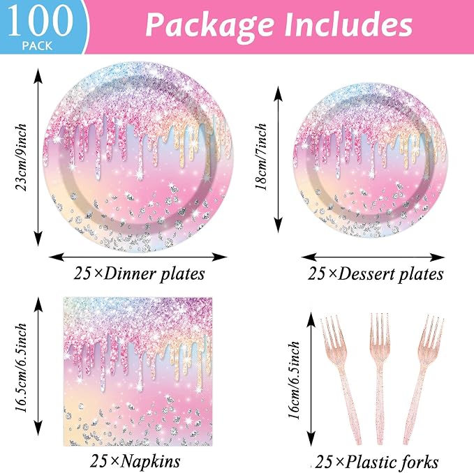 100PCS Iridescent Diamond Birthday Party Plates Napkins Forks Supplies Set - Image 2