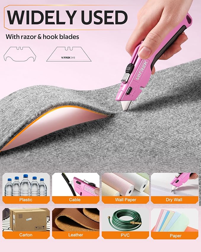 Box Cutter Utility Knife, 2-in-1 Safety Retractable Box Cutter for Women, Quick Change Razor Knife for Home, Office & DIY, Blade Storage Design, with Extra Sharp Razor & Hook Blades (Pink)