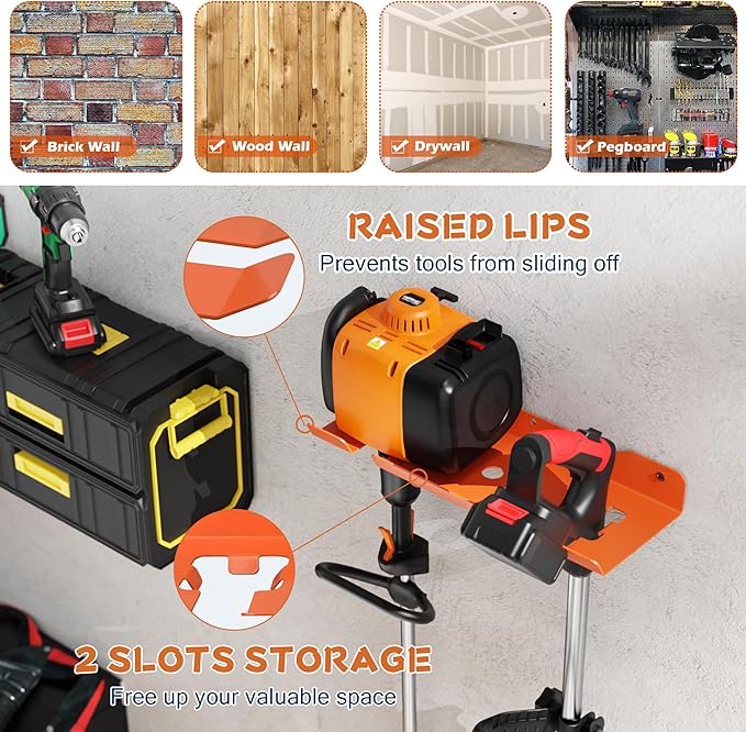 ULIBERMAGNET Garage Storage Organizer Trimmer Rack,2 Slot Orange Utility Storage Rack for Grass Trimmer,Hedge Trimmer,Garage Trimmer,Wall Mount Heavy Duty Weed Trimmer, Garden Tool