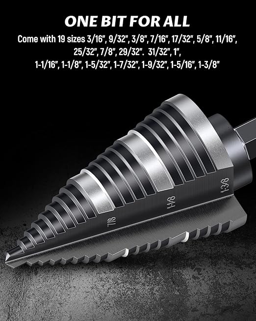 LICHAMP Double Fluted Step Drill Bit for Cutting Metal Hole 19 Sizes from 3/16 to 1-3/8 inch, Genuine High Speed Steel