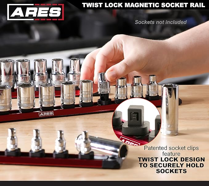 ARES 60171-3-Piece 15.5-Inch Red Twist Lock Magnetic Socket Rail Set - Store 12 Metric or SAE Sockets on Each Rail and Keep Your Tool Box Organized – Magnetic Base for Easy Socket Organization