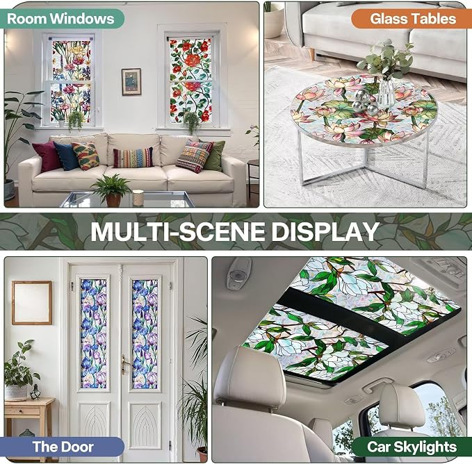 Floral Stained Glass Window Film, Static Cling Rainbow Privacy Film Sun Blocking - Image 6