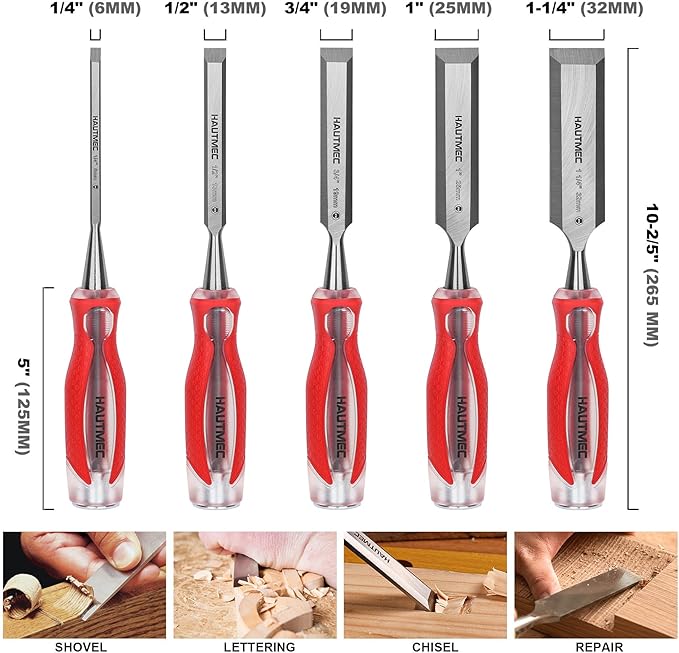 HAUTMEC 5-Piece Wood Chisel Set – High-Impact Drop-Forged CRV Steel, Fully Polished Beveled Edge Blades, Heavy-Duty Strike Cap & Extended Anti-Skid Handle – HT0365