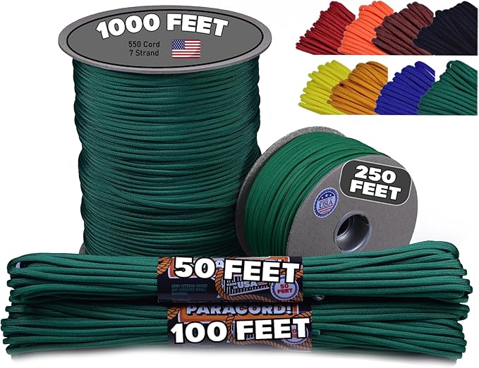 BORED? PARACORD! 550 lb Paracord - Ideal for Crafting, Camping, DIY Projects, Active & Military Outdoors - Strong Survival Rope - Tactical Parachute Cord Type III - Kelly Green 250 Feet
