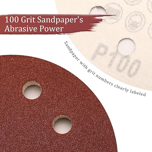 100 PCS 100 Grit 5 Inch Sanding Discs, Hook and Loop Sandpaper for Random Orbital Sander