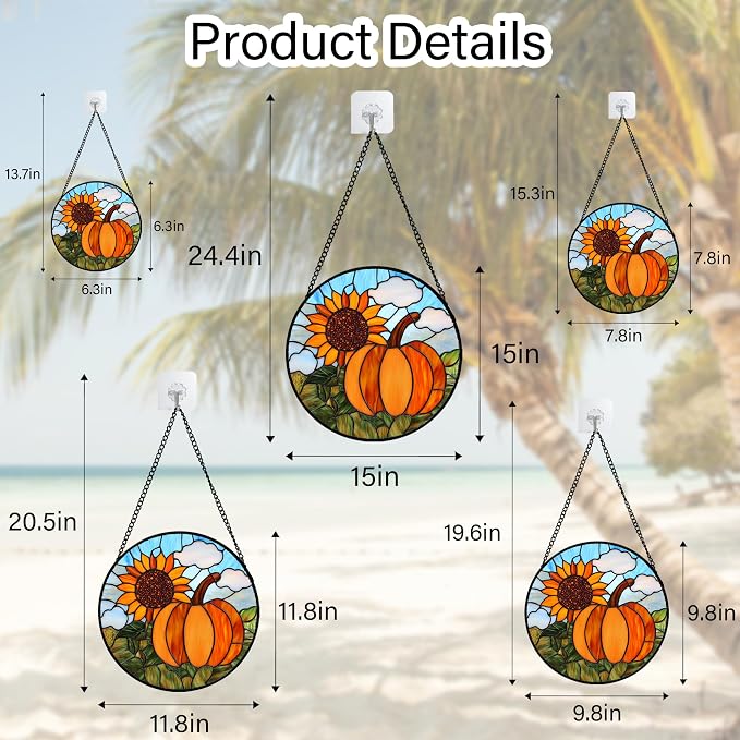 DASTOLL Stained Glass Window Hanging Fall Farm Scenery Sunflower Pumpkin Large - Image 6