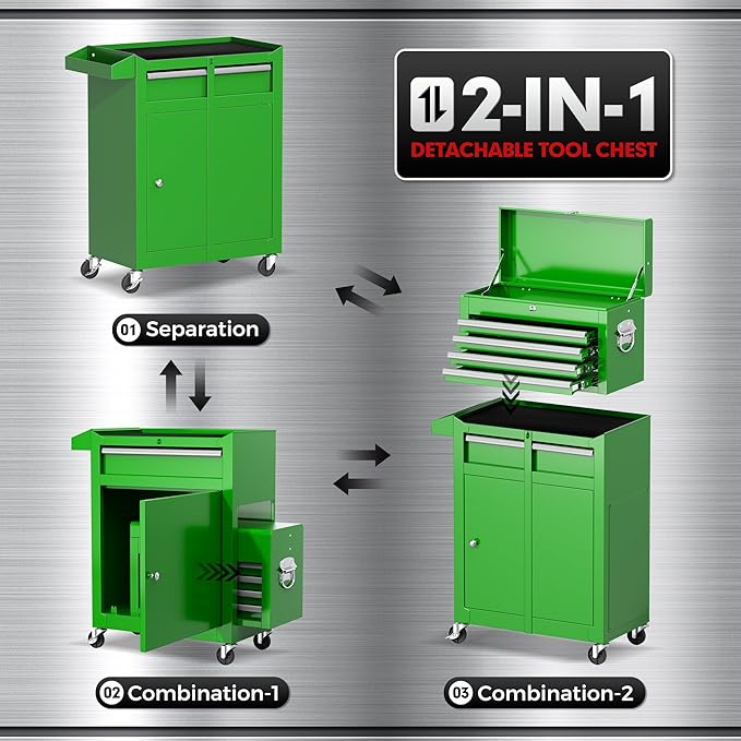 Crownland 5-Drawer Rolling Tool Chest with Wheels, Lockable 2 in 1 Detachable Tool Cabinet wit Drawers and Black Liners, Garage Top Toolbox & Bottom Storage Cart with Side Hooks(Green)