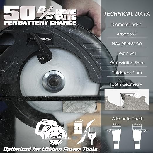 KEENTECH 6-1/2 Inch Woodworking Circular Saw Blade 24T, Non-Stick Coating, Tungsten Carbide Tipped, ATAF Grind, 5/8 Inch Arbor Hole
