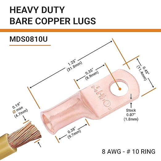 SELTERM 10pcs 8 AWG - #10 Stud - Battery Lugs, Heavy Duty Wire Lugs, Ring Terminals, Battery Cable Ends,8 Gauge Terminals, UL Bare Copper Eyelets Electrical Battery Terminal Connectors