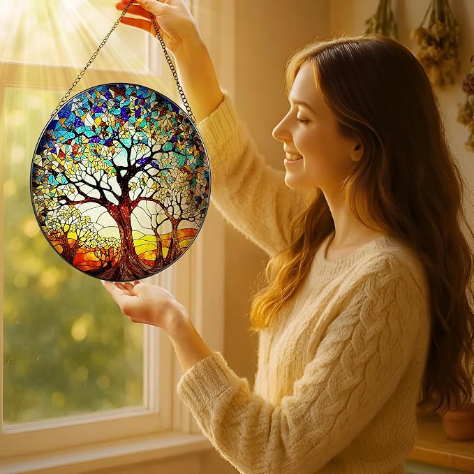 Stained Glass Window Hanging, LAOWEIKI 8'' Tree of Life Suncatcher, Stained - Image 2