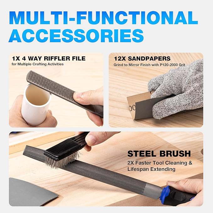 32PCS Metal File Set, Diamond Steel Needle Files, Wood Rasp, 4 Way Riffler File, Sandpapers, Wire Brush with Tool Bag for Metal, Wood, Plastic, Jewelry Carving, Polishing