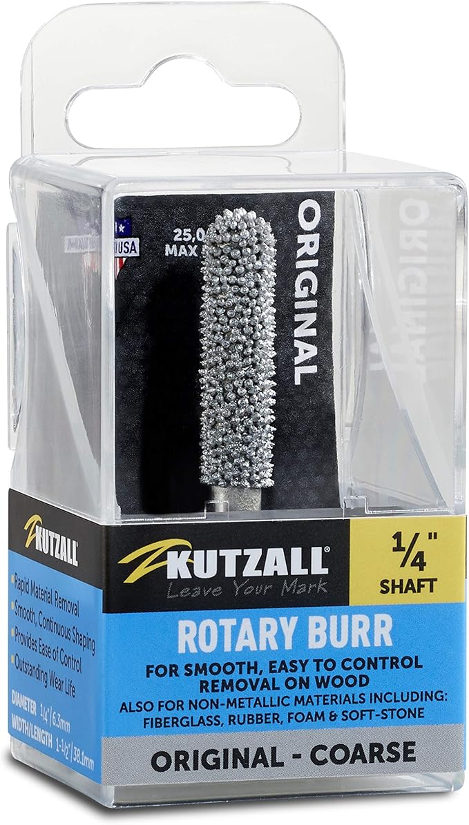 Kutzall Original Ball Nose Rotary Burr, 1⁄4" Shaft, Coarse -Wood Carving Bit for Bosch, DeWalt, Milwaukee, etc. Abrasive Tungsten Carbide, 1⁄4" (6.3mm) Head Dia.X 1-3⁄8" (34.9mm) Length, BN-14
