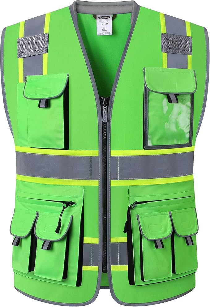JKSafety 10 Pockets Hi-Vis Zipper Front Fluorescent Green Safety Vest | Cushioned Collar | High Reflective Tapes with Extended Neon Yellow Strips | Meets ANSI/ISEA Standards (4X-Large, 89-Green)