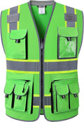 JKSafety 10 Pockets Hi-Vis Zipper Front Fluorescent Green Safety Vest | Cushioned Collar | High Reflective Tapes with Extended Neon Yellow Strips | Meets ANSI/ISEA Standards (3X-Large, 89-Green)