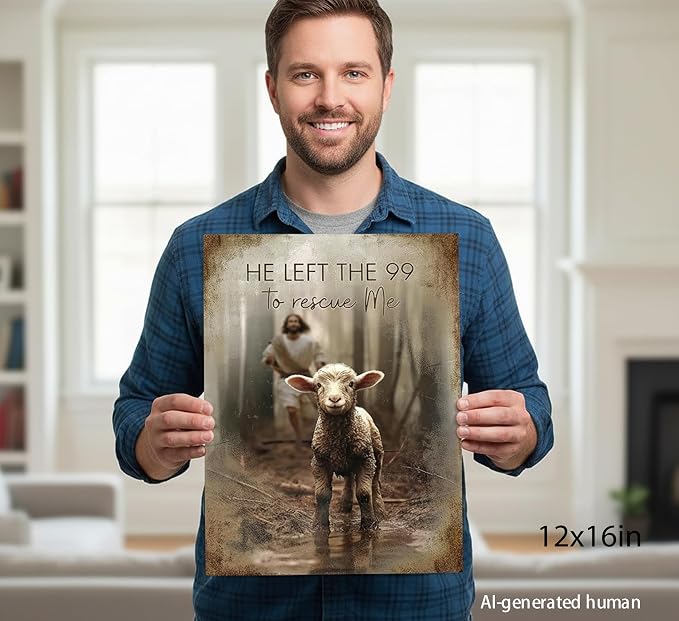 Framed Jesus Saves the Lost Lambs Canvas Wall Art Jesus Leaves 99 Sheep Picture - Image 6