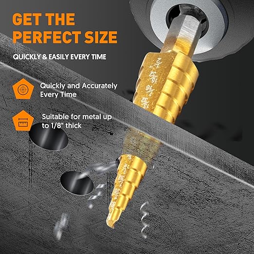 INTHEEND Step Drill Bit Set, 3 Pcs High Speed Steel Spiral Grooved Step Drill Bit for Metal Sheet Aluminum Wood Hole Drilling, 1/4" Hex Shank Step Bit for Faster Drilling 28 Size Cone Step Drill Bits