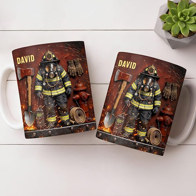 Personalized Firefighter Gifts for Men Dad Custom Name Mug, Fireman Gear Design - Image 7