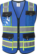 JKSafety Hi Vis Reflective Safety Vests for Men Women High Visibility Vest with Pockets Mesh Fabric Construction Safety Apparel Neon Vest for Work (220-Blue M)