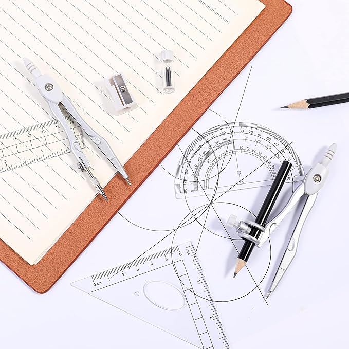 Math Geometry Kit Sets 10 Piece Student Supplies with Shatterproof Storage Box,Includes Rulers,Protractor,Compass,Eraser,Pencil Sharpener,Lead Refills,Pencil,for Drafting and Drawings（Grey）