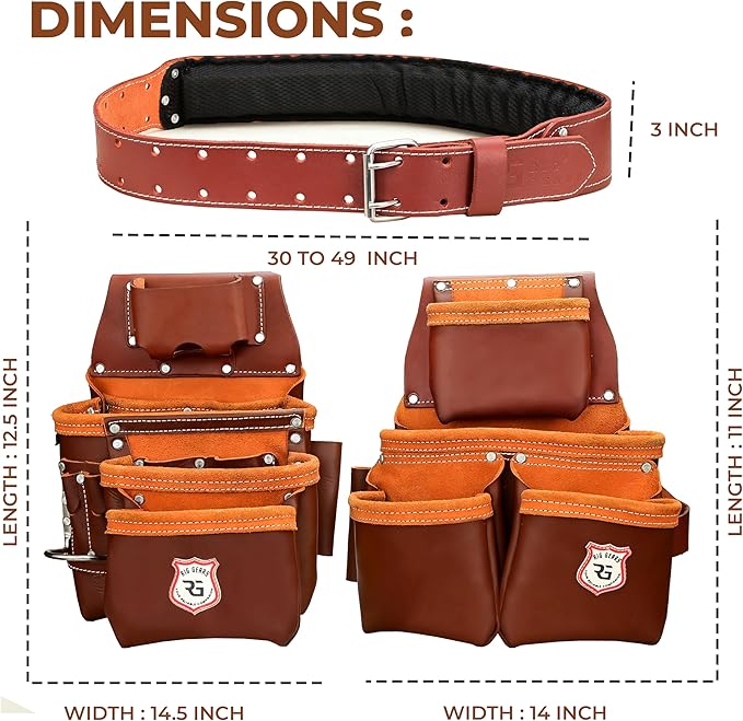 Leather Tool Belt with Adjustable Hook - Premium Heavy Duty Tool Belts for Men with 22 Multi-Purpose Pocket Tool Pouch (Maroon, Standard), RG-004