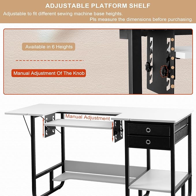 Vividwood Foldable Sewing Machine Table, Storage Shelf and 2 Cloth Drawers - Image 5