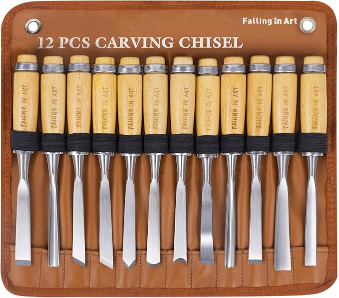 Falling in Art 12Pcs Wooden Carving Chisel Set, Woodworking Tools Set with a Leather Pouch, Full Size Knife Gouge Kit for Carving Projects, Ideal for Beginners and Professionals