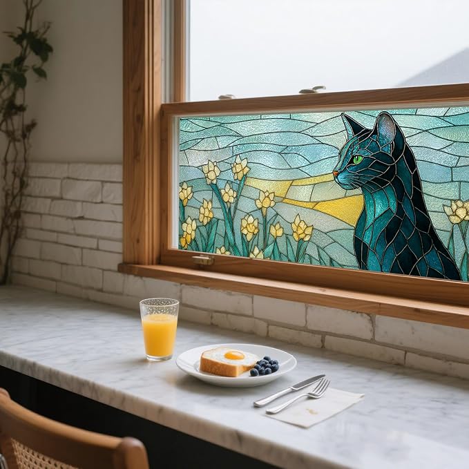IVN Stained Glass Window Film 39.3x17.7 inch Cat and Daffodils Window Privacy - Image 5