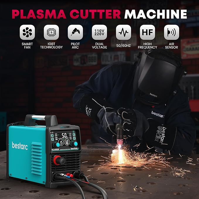 Plasma Cutter, [Pilot Arc][Large LED Display][Air Sensor] 50A bestarc Plasma Cutter Machine 110/220V Dual Voltage, 1/2 Inch Clean Cut 4/5 Inch Max Cut, Post Flow Mesh, 2T/4T for Beginners DIY