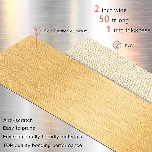 GSCIT Club Gold Edge Banding, 2 Inch x 50ft Aluminum Brushed Edge Banding PVC Edge Trim for Cabinet Repair Furniture