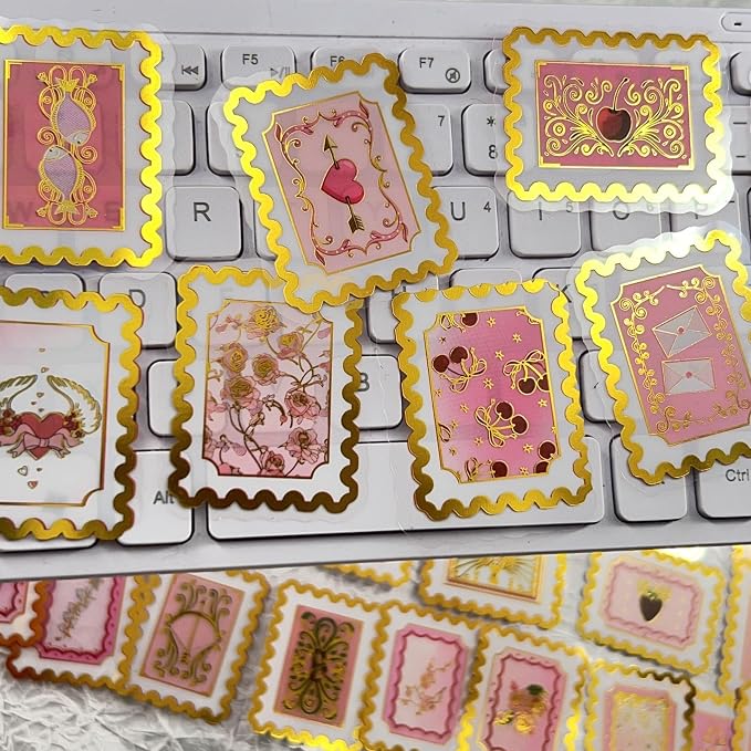 50 PCS Cartoon love stamps Stickers Aesthetic PET Stickers Gold Stamp Decal by Unknown