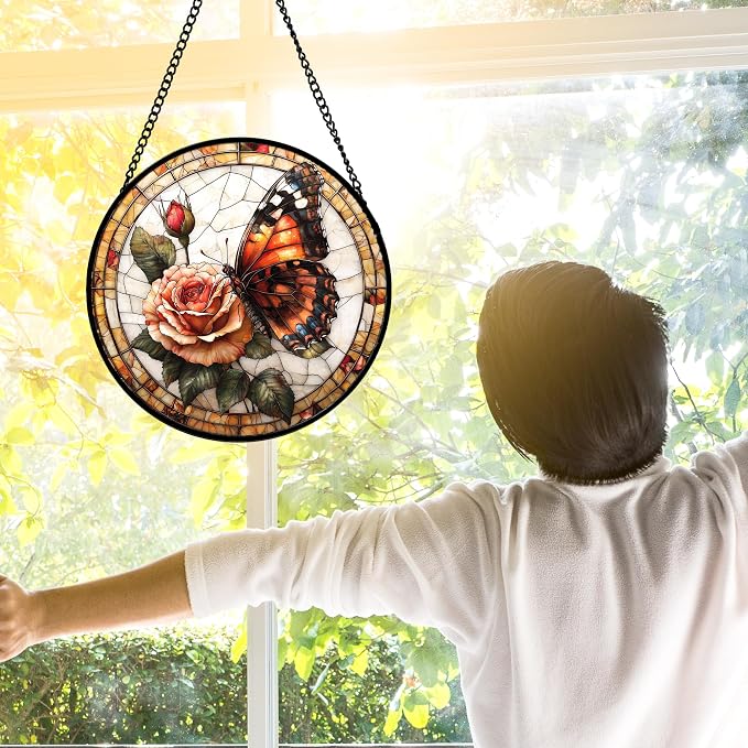 DASTOLL Stained Glass Window Hanging, Butterfly Picking Flowers Suncatcher - Image 4