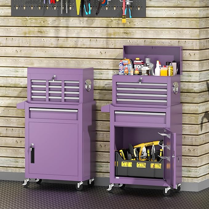 INTERGREAT Purple Tool Chest, 5-Drawer Rolling Storage Cabinet, Detachable Top Tool Box - Lockable Wheels, Garage & Workshop Barbershop Tool Cart