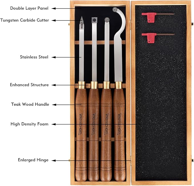 4-Pieces Carbide Tipped Woodturning Tools Lathe Chisel Set with Stainless Steel Blade, Wooden Box