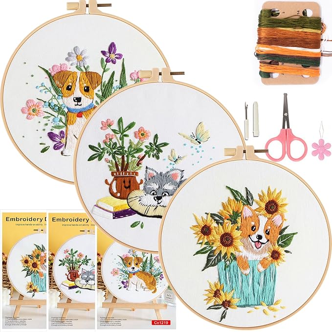 COCOMOX 3 Sets Embroidery Kit for Beginners, Dog Flower Pattern Embroidery by COCOMOX