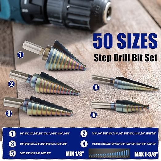 Lichamp Step Drill Bit Set for Metal Sheet Heavy Duty, 5-Piece HSS Step Up Down Drill Bits Stepper Unibit for Steel Hole, 50 Sizes from 1/8 to 1-3/8 inches, B105RD